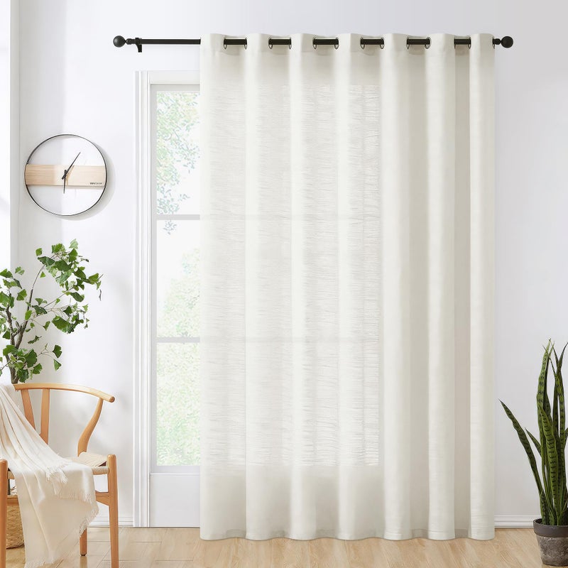 FMFUNCTEX Natural Sliding Door Curtain 84" Sheer Linen Curtains for Living Room Divider 100" Width Extra Wide Bedroom Drapes Linen Patio Door Panel Semi Sheer Window Panels Beige Grommet Top 1 Panel - Image 1